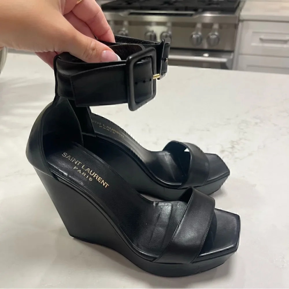 Saint Laurent Black Wedge Buckle Heel - Picture 3 of 14